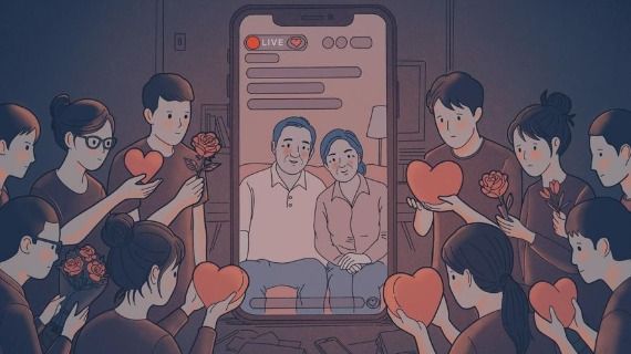 Ilustration depicting two middle-aged people on a phone screen. Around them, younger people offer flowers